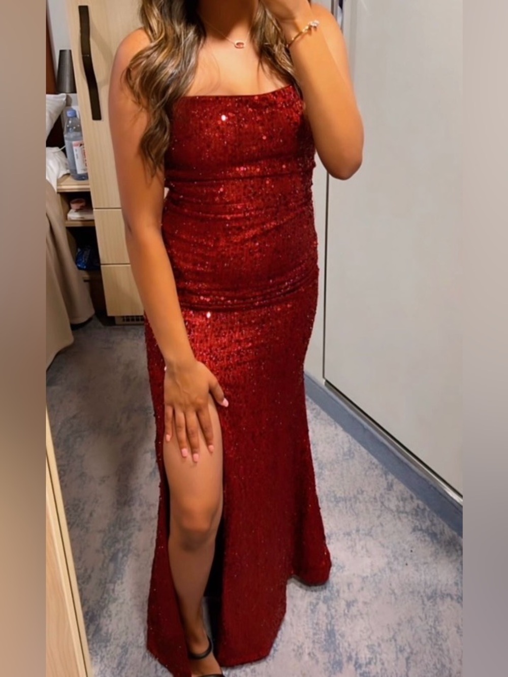 Sequined Strapless Red Evening Gown